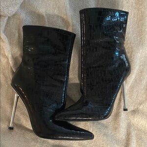 Black Croc-Embossed High Heel Boots